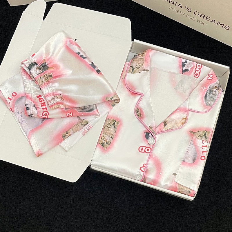 Romantic Women Nightwear Cute Cat Print Short Sleeve Shorts Thin Pajamas Women Cardigan Breathable Student Homewear 2 Piece Set