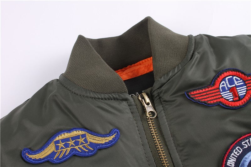 2023 Military Pilot Flight Quilted Winter Kids Toddler Clothes Boys Girls Satin Letterman Varsity Bomber Jacket with Patches