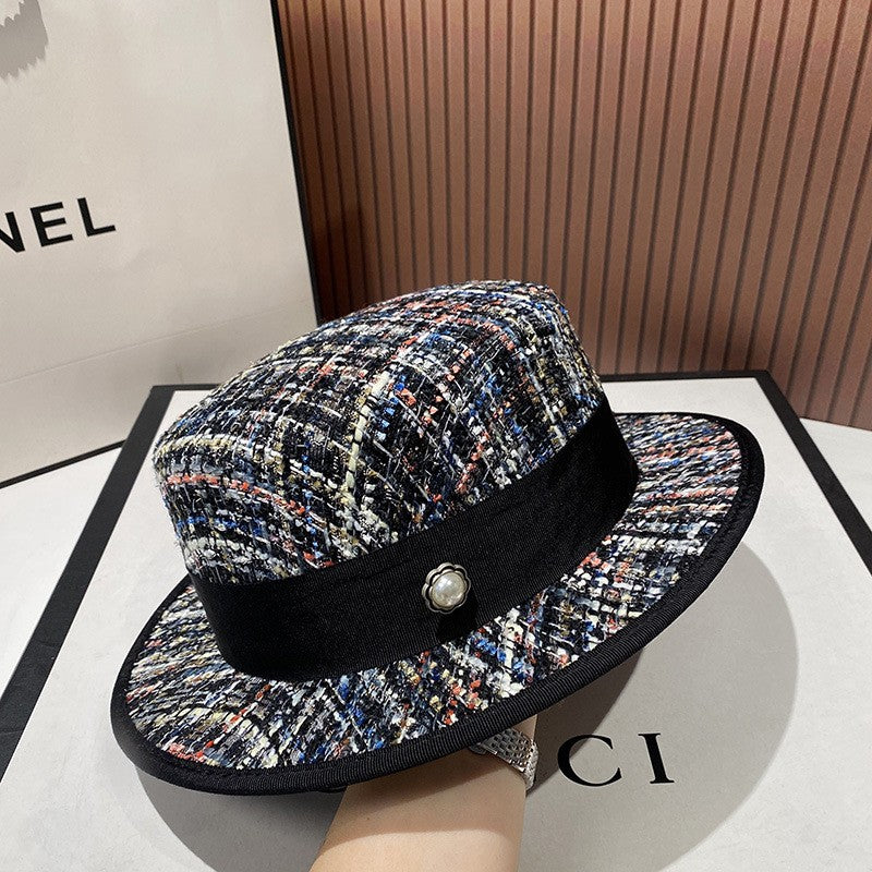 Chapéu jacquard estilo socialite europeia delicado e elegante com pérolas, chapéu de tweed rosa, chapéu de festa feminino da moda