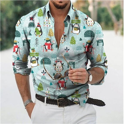 Fun Christmas Snowman Theme 3D Printed Men's Shirts Casual Long Sleeve Streetwear Tops Unisex Holiday Party Hawaiian Shirts