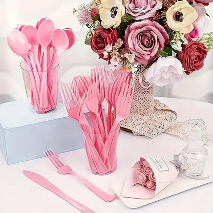 Conjunto de 75 Garfos, Colheres e Facas Rosas Reutilizáveis | Lavável, Talheres de Plástico para Festa