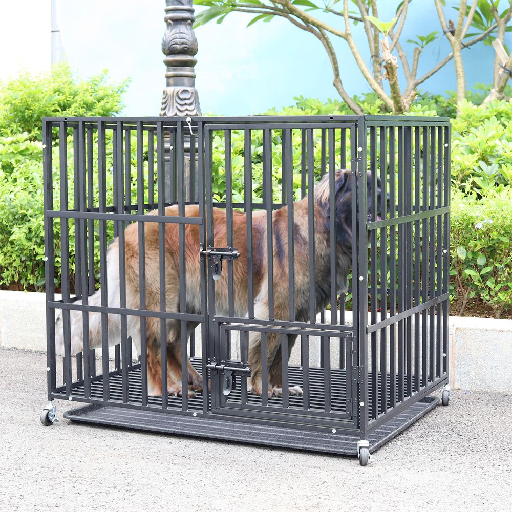 Caixa Grande Reforçada para Cães XXL Gaiola Resistente para Animais de Estimação Tubo Quadrado de Metal Canil Cercadinho com Rodas Traváveis e Bandeja