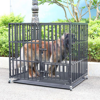 Caixa Grande Reforçada para Cães XXL Gaiola Resistente para Animais de Estimação Tubo Quadrado de Metal Canil Cercadinho com Rodas Traváveis e Bandeja