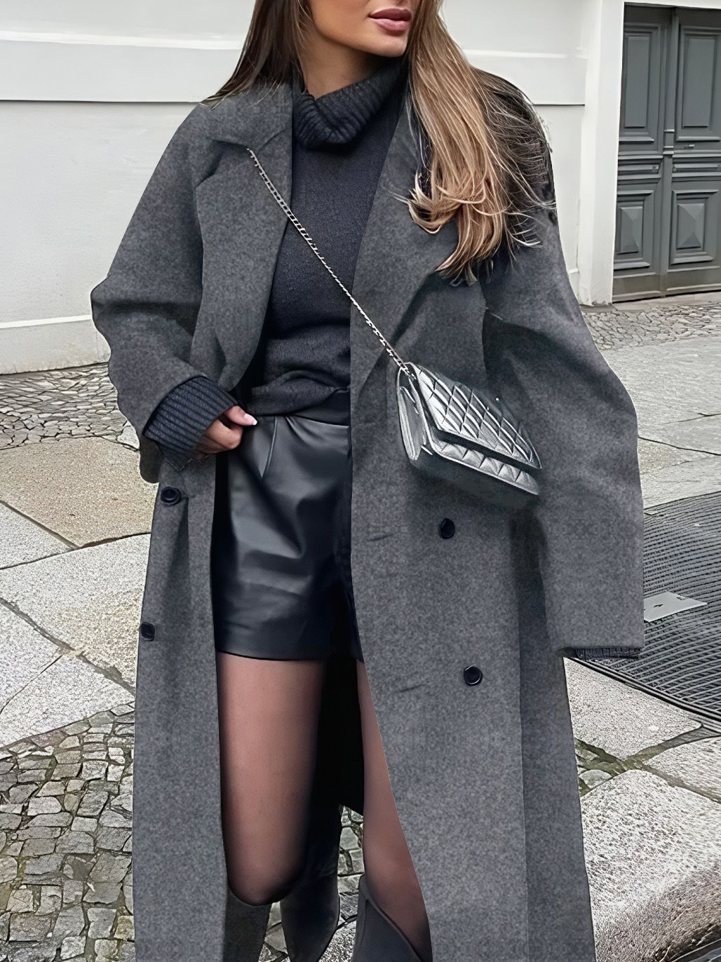 Women's Long Woolen Coat, Casual Loose-Fitting Overcoat with Double Button Front, Fall & Winter Fashion Outerwear for Women