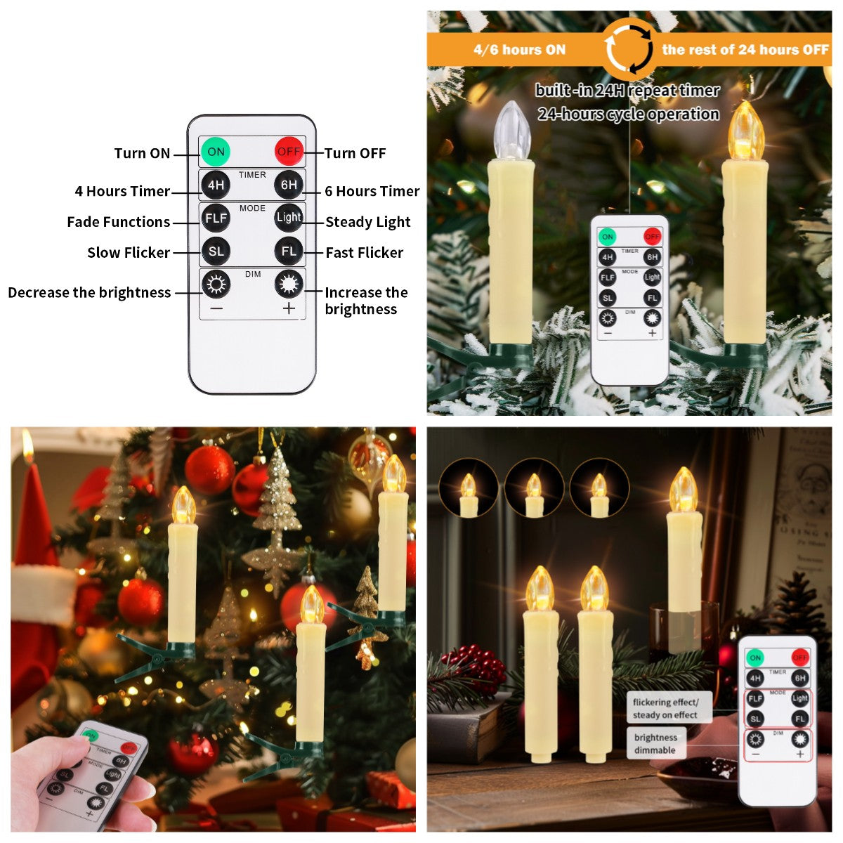 Flameless LED Taper Candles Christmas Tree Electric Candle Lights Mini Taper Clip-On Candles with Remote Timer for Wedding Decor