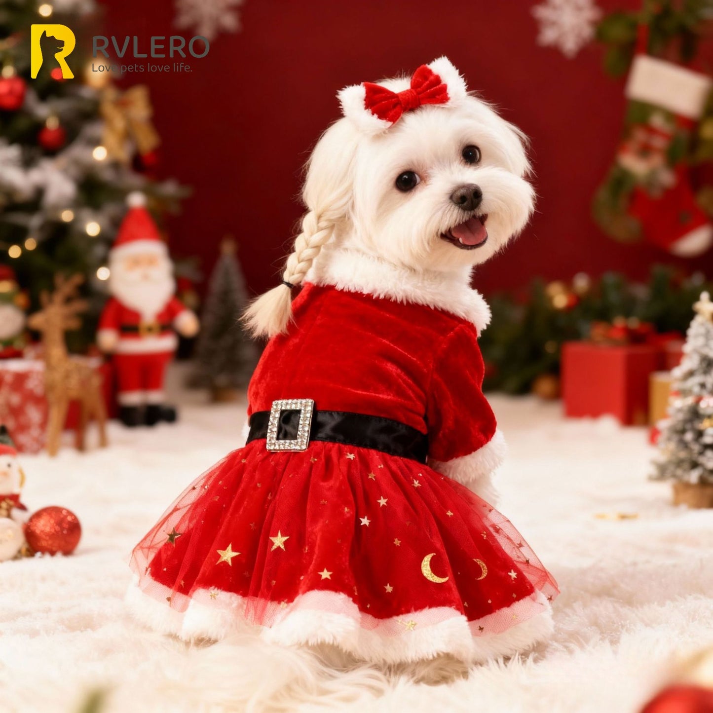 Vestido Festivo para Cães Fantasia Papai Noel Saia de Malha Vermelha Tecido Veludo Dourado Roupa para Pet Festa Aniversário Ano Novo
