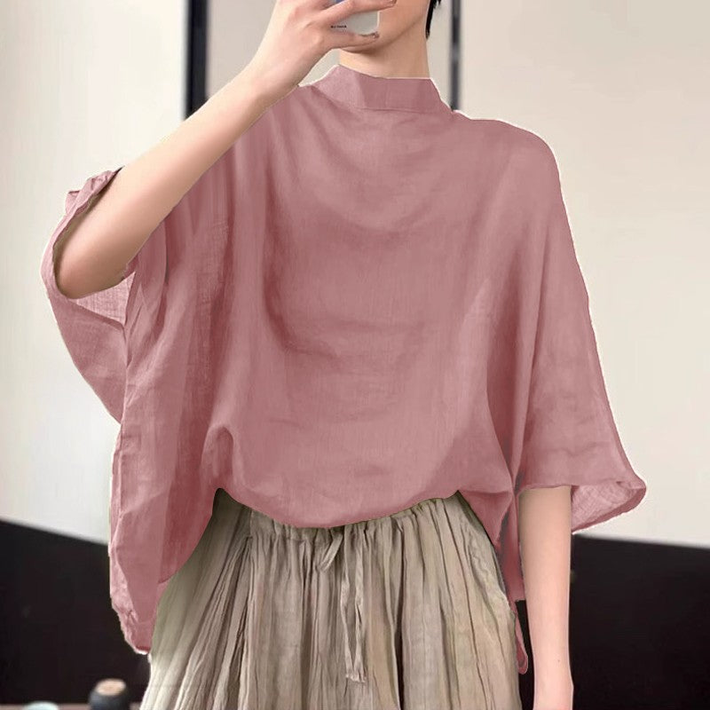 ZANZEA Women Bat Half Sleeve Blouse Summer Asymmetrical Tops 2024 Thin Stand Collar Tunic Casual Loose Transparent Tops Oversize
