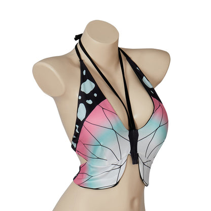 Kochou Shinobu Cosplay Costume Bustier Top Sexy Halter Neck Bikini Underwear Bathing Suit Swimsuit Halloween Beach Swimwear