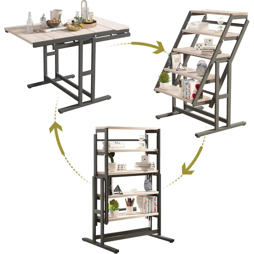 2-in-1 Shelf To Table Compact Furniture, Extendable Dining Table With Metal Frame, Convertible Kitchen Table For 4-6, 55inch