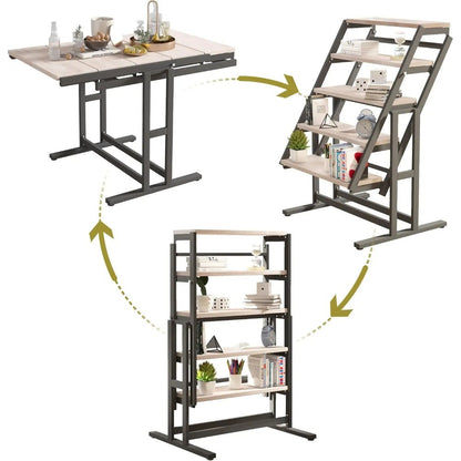2-in-1 Shelf To Table Compact Furniture, Extendable Dining Table With Metal Frame, Convertible Kitchen Table For 4-6, 55inch