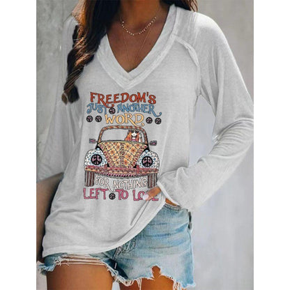 Ilstile Women's Hippie Car Letter Print T-Shirts Spring Summer Long Sleeve Casual Loose V Neck Tops WhiteTees New Arrival