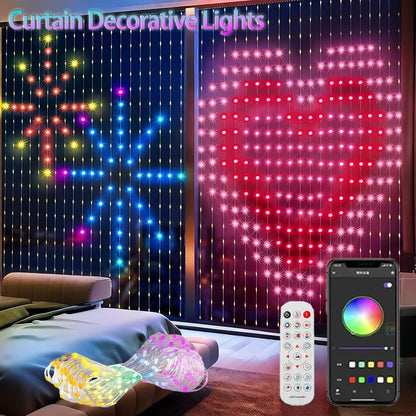 RGB Curtain String Lights Music Sync Text Display Fairy Light App Controlled DIY Christmas Curtain Light Wall Room Decor 3M