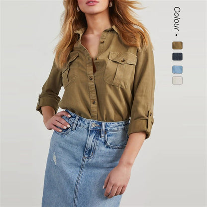 CGS-Women Double Pockets Spliced Decoration Denim Shirt Jacket Single-Breasted Lapel Casual Female Tops