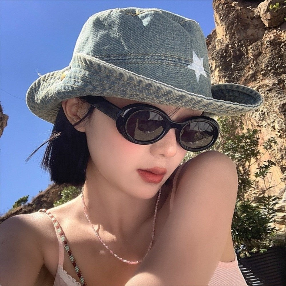 Kawaii Denim Star Fisherman Hat Wide Brim Y2K Outdoor Sun Hat Sunshade Adjustable Western Cowboy Hat Fishing