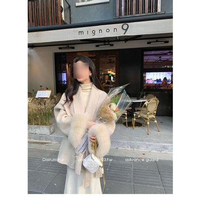 Fox-wool Double-faced Tweed Charming Fur Coat Fashionable Mid-length