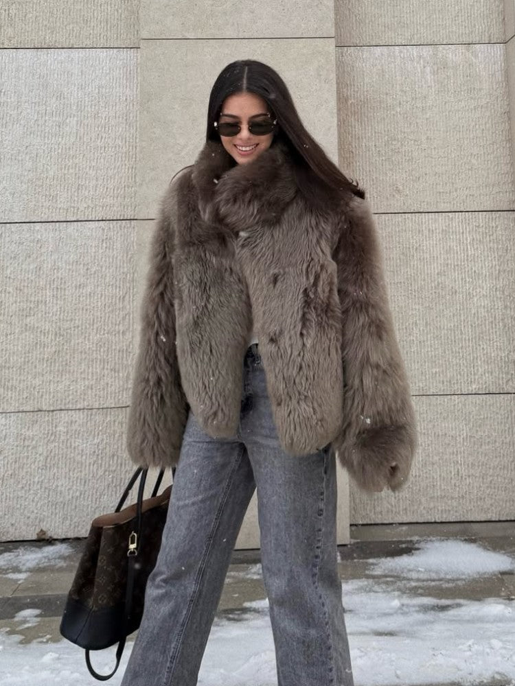 Winter Women Warm Faux Fur Coats Fashion Browns Long Sleeve Stand Collar Short Jackets 2025 Lady High Street Commute Outerwear