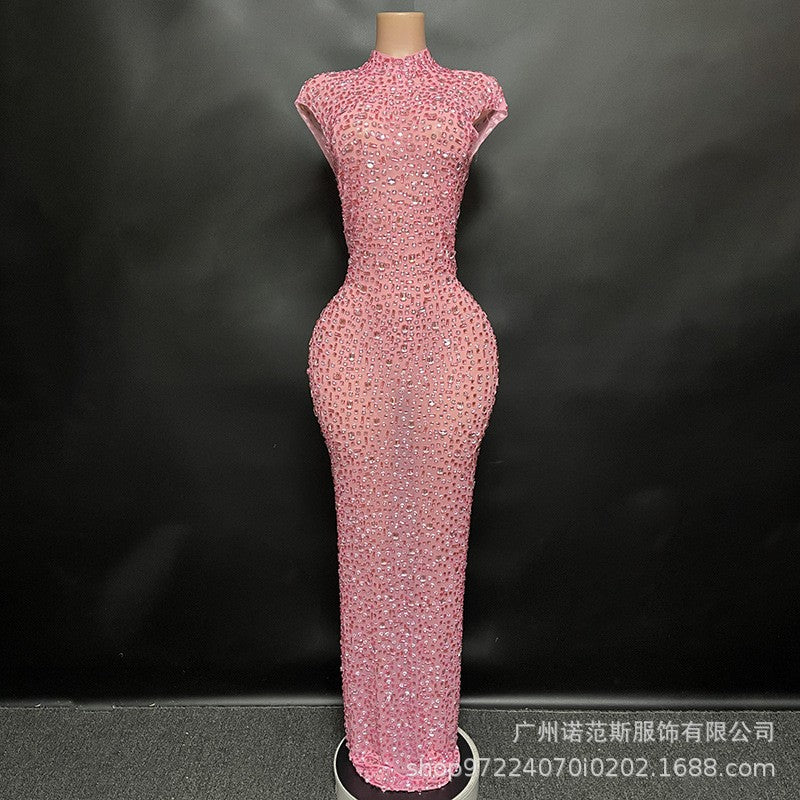 Sexy Full Drill Elastic Slim Fit Sleeveless Long Dress - Hip Wrap, For Host Stage Catwalk & Engagement Evening High-Slit Dresses