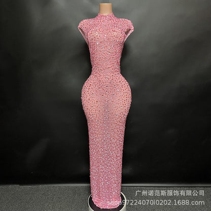 Sexy Full Drill Elastic Slim Fit Sleeveless Long Dress - Hip Wrap, For Host Stage Catwalk & Engagement Evening High-Slit Dresses
