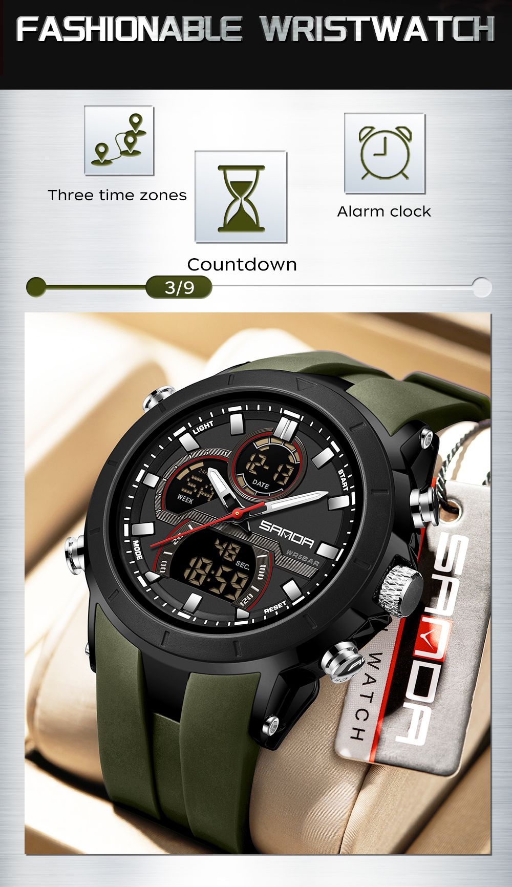 SANDA Mens Watches Countdown Waterproof Alarm Clock Wristwatch Multifunctional Luminous Men Quartz Digital Watch Alarm Clock