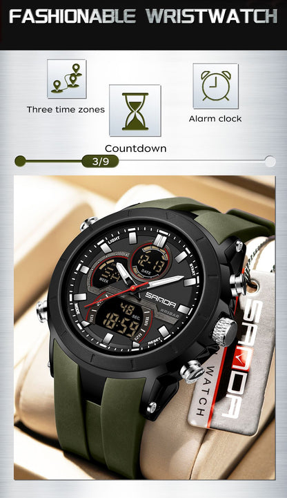 SANDA Mens Watches Countdown Waterproof Alarm Clock Wristwatch Multifunctional Luminous Men Quartz Digital Watch Alarm Clock