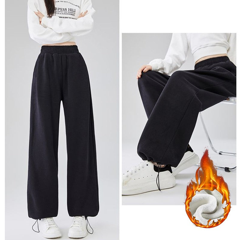 Winter Lady Snow Warm Thin Straight Leg Pants Girls Classic Daily Plush Trousers Women High Waist Thermal Fleece Pants