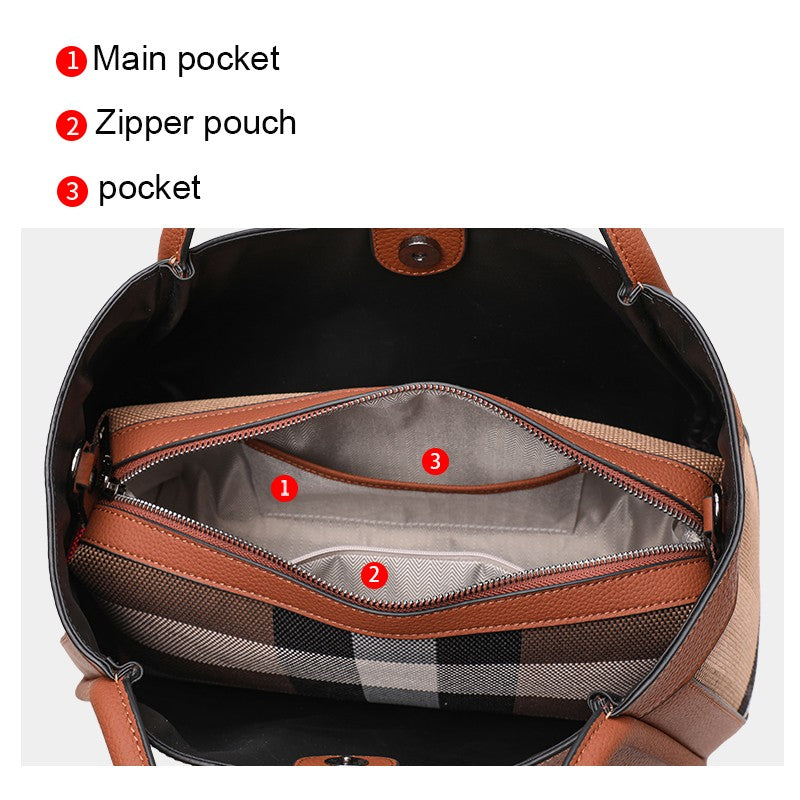 Aidrani  2025 New retro checkered women's handbag, large capacity luxury bag, canvas genuine leather bag