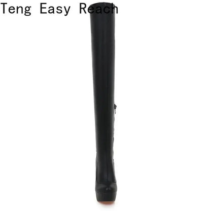 White Platform Women Boots Stertch Pu Leather Over The Knee Boots Fashion Square High Heel Long Boots Autumn Winter Zip Shoes