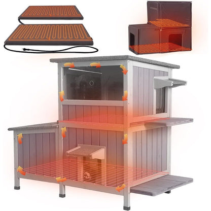 Casa de Gato Aquecida Extra Grande, Casa de Gato Isolada para Exterior, Abrigo para Gatos Selvagens à Prova de Intempéries com 2 Seções e Almofada de Aquecimento Segura, 6 Lados