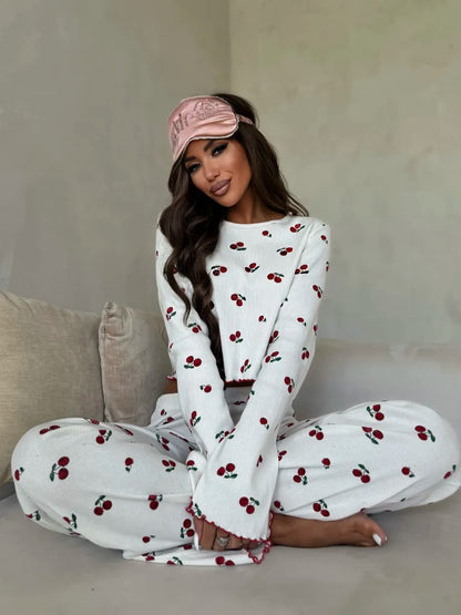Lace Trim Women Pajama Set Short Sleeve Front Button Top & Full-Length Pants Cherry Print 2 Pieces Sleepwear Nightwear Homewear