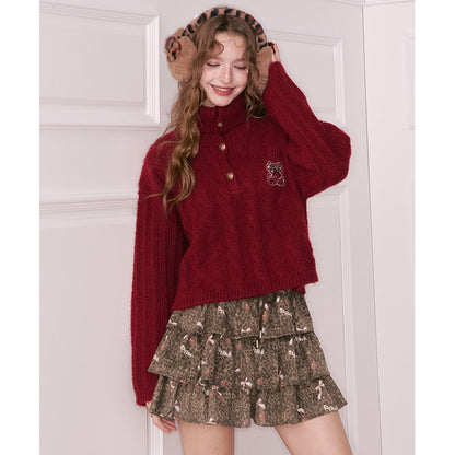 ELFSACK Y2K Sweet Leopard Bow Pleated Tiered Tie Short Skirt For Women