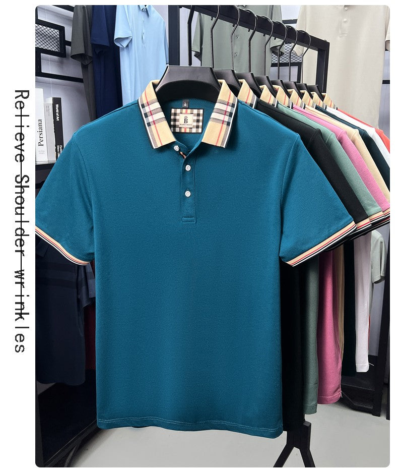 Luxury brand short sleeve polo shirt men's summer new silk cotton breathable fashion top casual business plaid lapel T-shirt