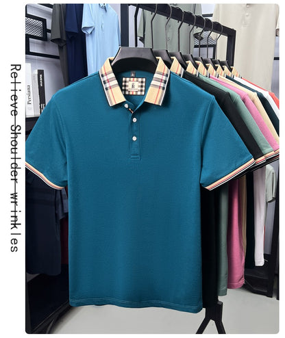 Luxury brand short sleeve polo shirt men's summer new silk cotton breathable fashion top casual business plaid lapel T-shirt