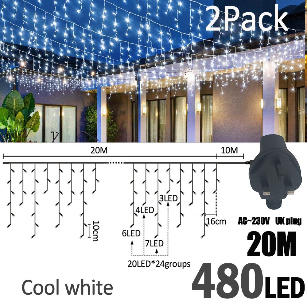 LED Christmas Icicle Curtain String Lights 20M+10M 480LED Extens 8Modes, Plug in Waterproof for Wedding Party Home Garden