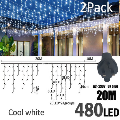 LED Christmas Icicle Curtain String Lights 20M+10M 480LED Extens 8Modes, Plug in Waterproof for Wedding Party Home Garden