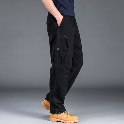 Calça Cargo Masculina de Moda Casual Esportiva com Muitos Bolsos Calça Masculina Solta Reta Elástica Calça Utilitária Versátil e Confortável