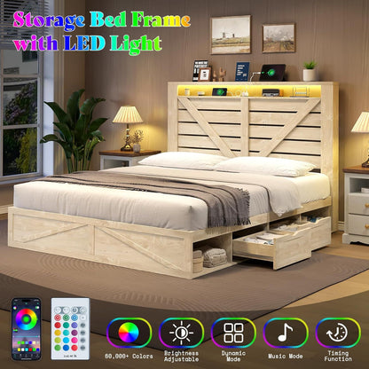 Farmhouse Bed Frame with 4 Drawers & 4 Open Storage Space, Queen Size Storage Bed with LED Light & Charging Station, Woo
