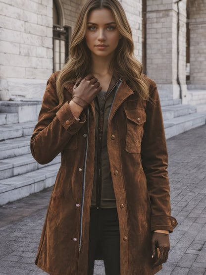 Women's brown vintage suede windbreaker: notch collar mid length jacket, button and zipper closure, patch pocket, vintage trend