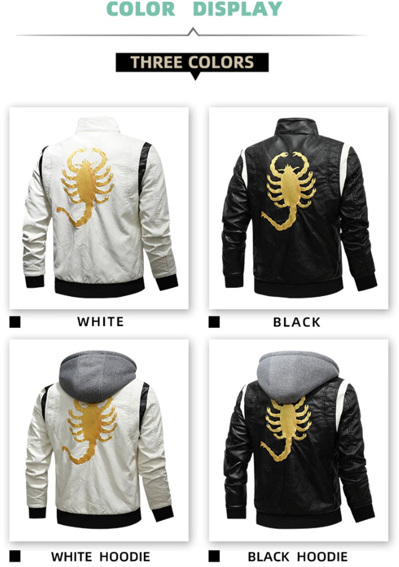 High Quality Men Leather Jacket Scorpion Embroidery Streetwear Windproof Motorcycle Biker Stand Collar Mens PU Leather Jackets