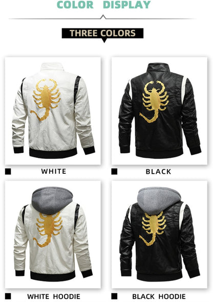 High Quality Men Leather Jacket Scorpion Embroidery Streetwear Windproof Motorcycle Biker Stand Collar Mens PU Leather Jackets
