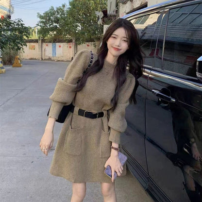 Autumn Winter Striped Knitted Dress Women Korean Fashion Double Pockets Short Dresses Ladies Casual Loose Long Sleeve Knit Dress