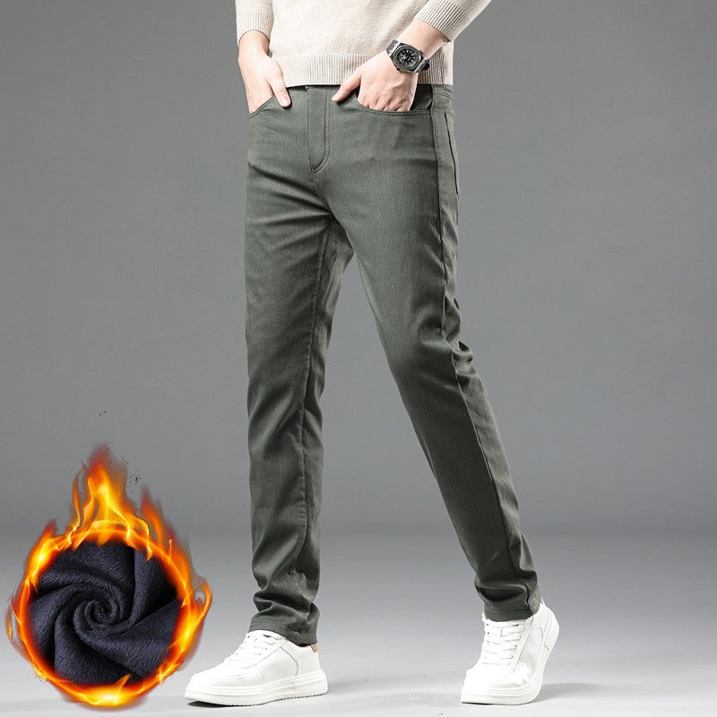 Fleece Pants Men's Winter Thick Slim Elastic Business Casual Velvet Pants Warm Fashion Solid Color Plush Trousers Male