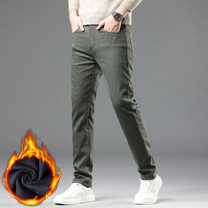 Fleece Pants Men's Winter Thick Slim Elastic Business Casual Velvet Pants Warm Fashion Solid Color Plush Trousers Male