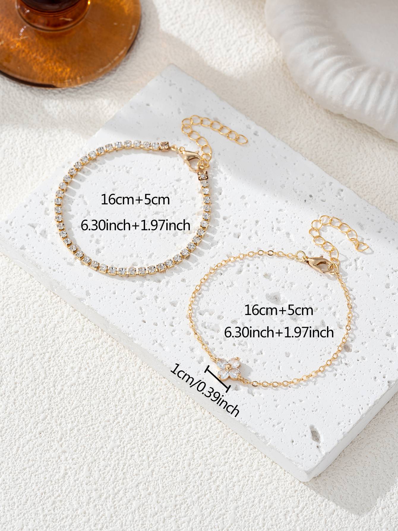 Conjunto de 2 pulseiras femininas de corrente com zircônia cúbica simples em formato de flor, joia para o dia a dia e escritório