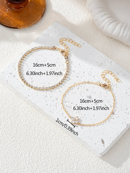Conjunto de 2 pulseiras femininas de corrente com zircônia cúbica simples em formato de flor, joia para o dia a dia e escritório