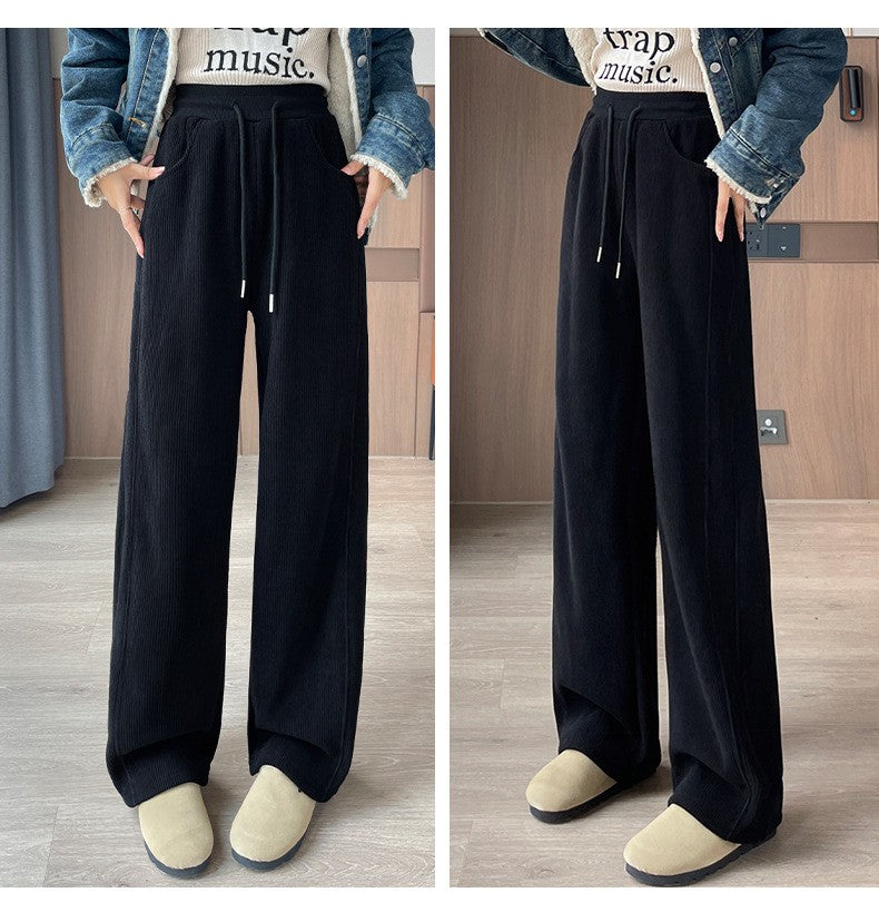 Winter Fleece Thickened High Waist Warm Trousers for Women Solid Color Loose Elastic Waist Straight Casual Pants