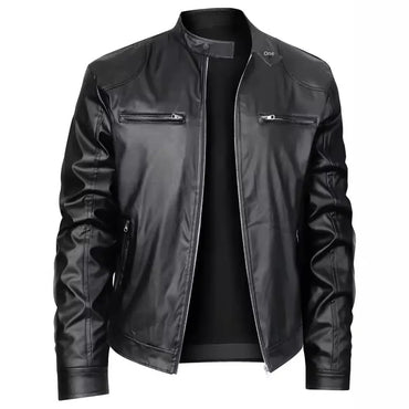 Casual Men's Biker Jacket Stand Collar Slim Fit Zipper Pocket Leather Coat Motorcycle Clothing Outerwear Fashionable Men's Wear