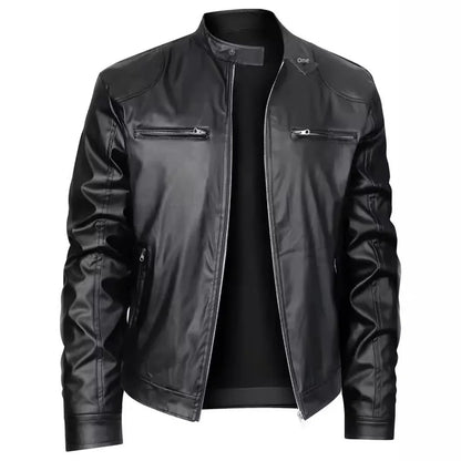 Casual Men's Biker Jacket Stand Collar Slim Fit Zipper Pocket Leather Coat Motorcycle Clothing Outerwear Fashionable Men's Wear