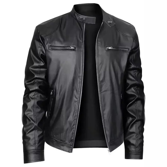 Casual Men's Biker Jacket Stand Collar Slim Fit Zipper Pocket Leather Coat Motorcycle Clothing Outerwear Fashionable Men's Wear