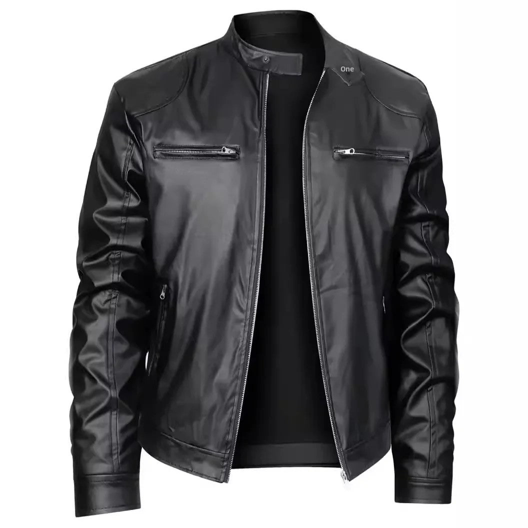 Casual Men's Biker Jacket Stand Collar Slim Fit Zipper Pocket Leather Coat Motorcycle Clothing Outerwear Fashionable Men's Wear