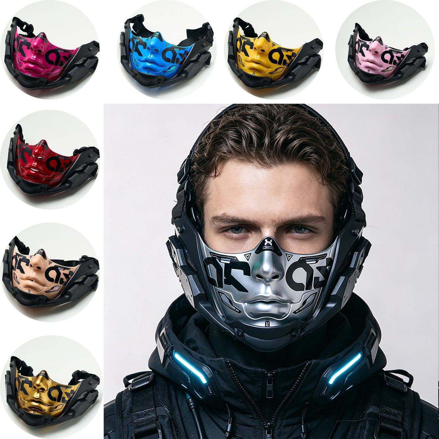 14Color Cyberpunk Half Face Mask Mecha Style Halloween Cosplay Mask Adjustable Strap Breathable Comfort Party Costume Face Cover